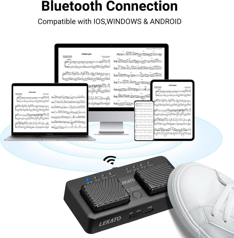 LEKATO Bluetooth Lapozó Pedál - Újratölthető Vezeték Nélküli Lábkapcsoló Tablethez, Okostelefonhoz, Kottaolvasáshoz, 7 Üzemmóddal