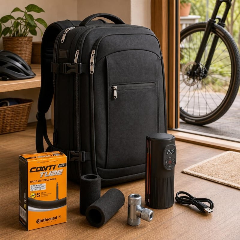 Set za popravak bicikla: 1x zračnica 700C + CO2 pumpa + LED pumpa + 60L ruksak za laptop s TSA bravom