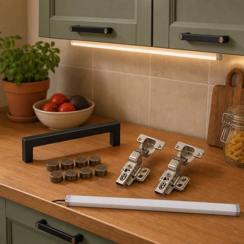 Set renovare bucătărie: 2 mânere + 8 capace bronz + 2 balamale soft-close + lampă LED 80 cm cu senzor