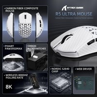 ATTACK SHARK R5 Ultra Szénszálas Gamer Egér, 39g Szuperkönnyű, 8000Hz Vezeték Nélküli, 42000 DPI, Bluetooth/2.4G/Vezetékes, Fehér 2