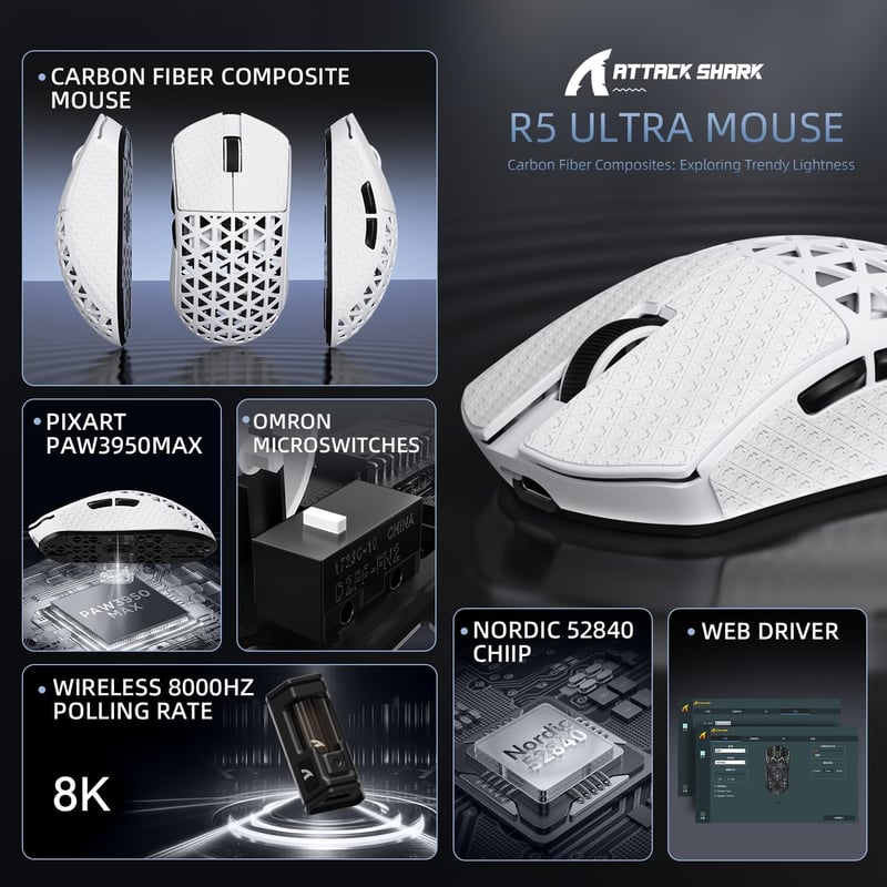 ATTACK SHARK R5 Ultra Szénszálas Gamer Egér, 39g Szuperkönnyű, 8000Hz Vezeték Nélküli, 42000 DPI, Bluetooth/2.4G/Vezetékes, Fehér