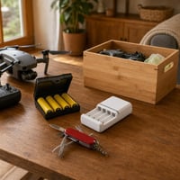 Kit Supraviețuire Dronă: 1x cutie 4 celule + încărcător AA/AAA + organizator bambus + briceag 16 funcții 1