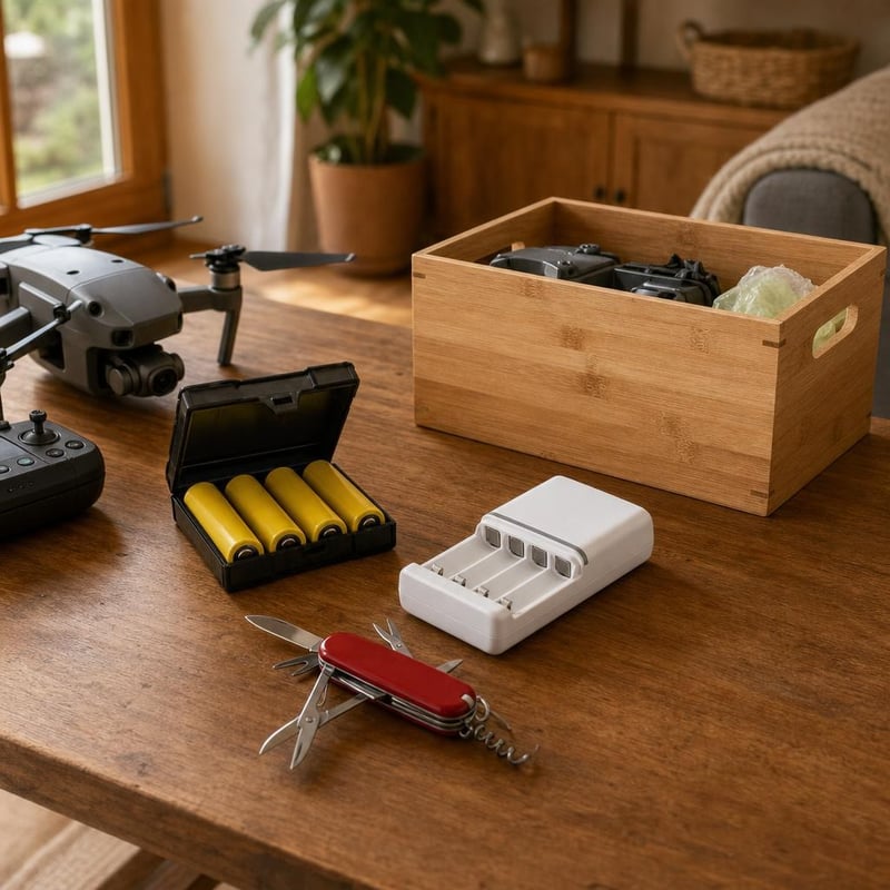 Kit Supraviețuire Dronă: 1x cutie 4 celule + încărcător AA/AAA + organizator bambus + briceag 16 funcții