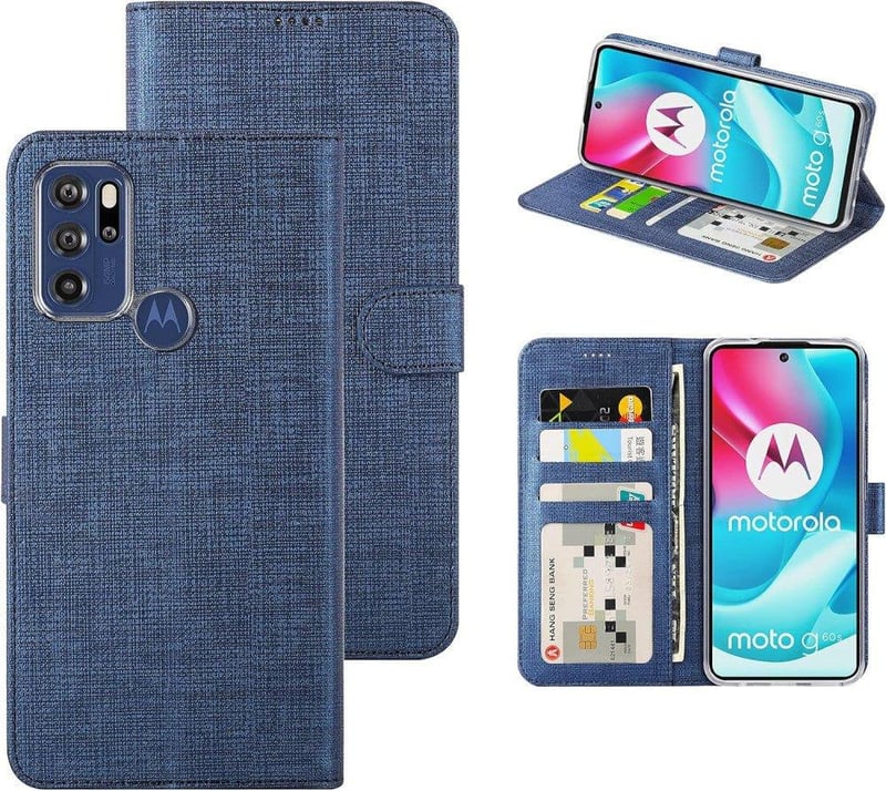 Motorola Moto G60S kék flip tok - mágneses, kártyatartós, állványos