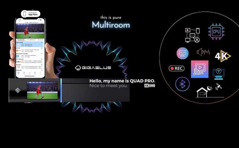 GigaBlue UHD Quad 4K Pro PVR vevőkészülék HBB TV-vel, Bluetooth 5.4, 2x FBC DVB-S2 tunerrel, Gigabit LAN, 2TB HDD-vel