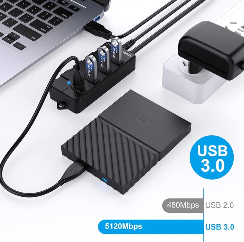 VEMONT USB 3.0 Hub 4 Port Aktív Adapter Tápegységgel és Kapcsolóval