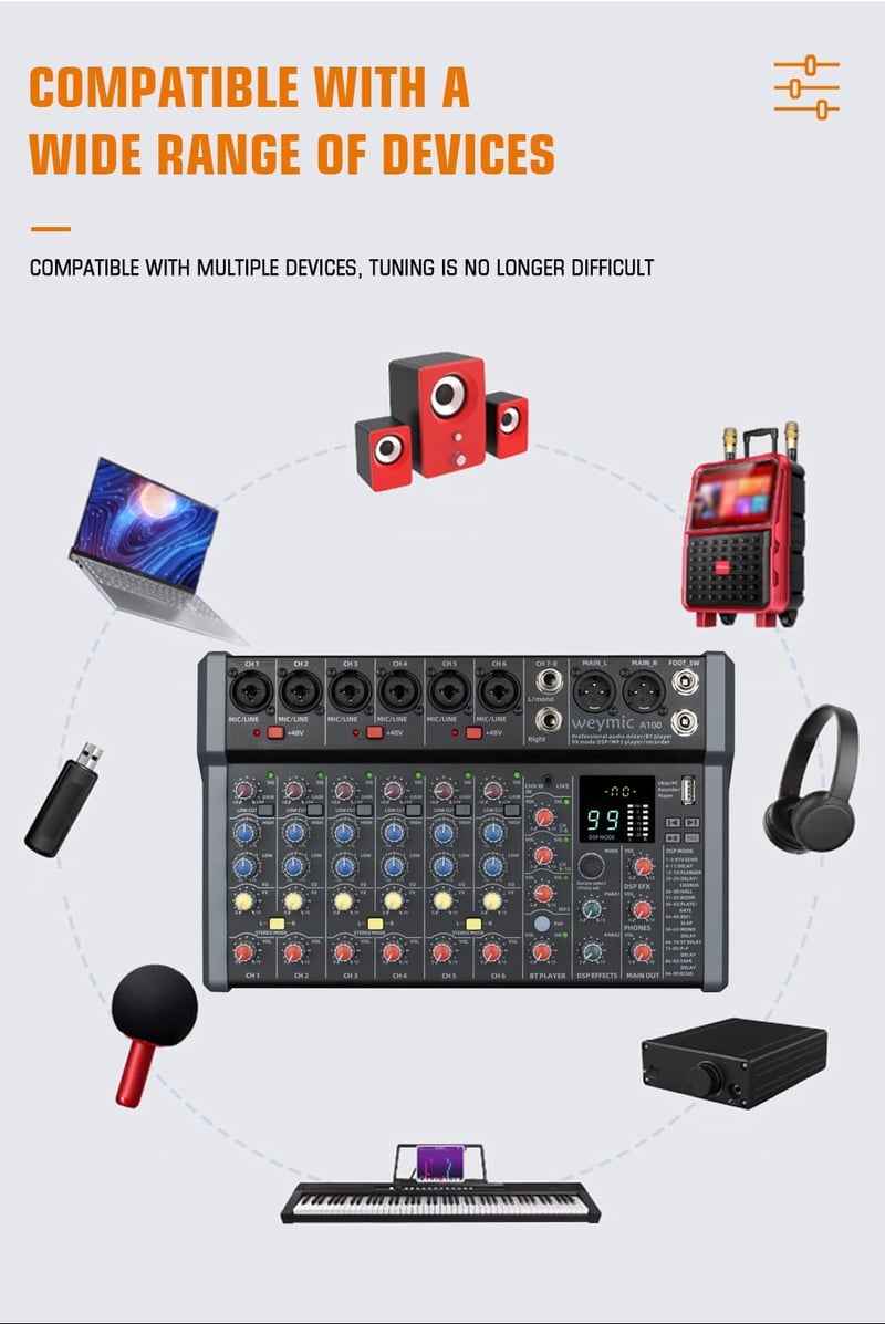 Weymic A80 Professzionális DJ Keverőpult - 8 Csatornás Hangkeverő 99 DSP Effekttel, USB, Bluetooth, XLR Mikrofon Bemenettel, Karaoke és Stúd - A80 8 Channel