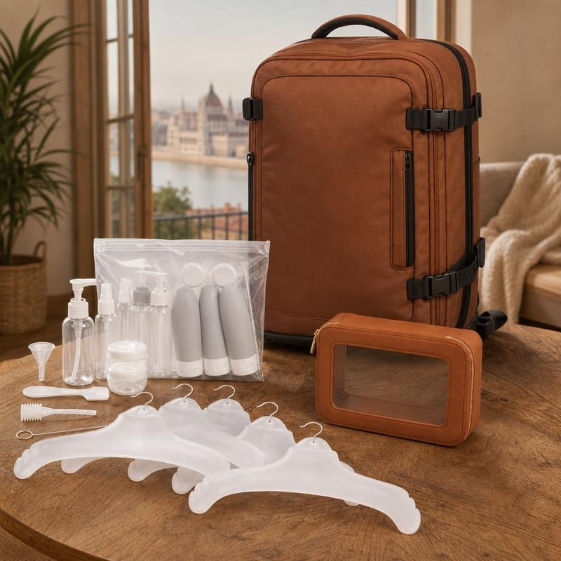 Travel Set Cabin Magic: 5x vješalice + 14x bočice + prozirna toaletna torbica + ruksak 30l