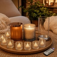 Set Atmosferă Luminoasă: 2 lumânări parfumate + suport sticlă + 12 sfeșnice + 12 lumânări LED + tavă lemn 1
