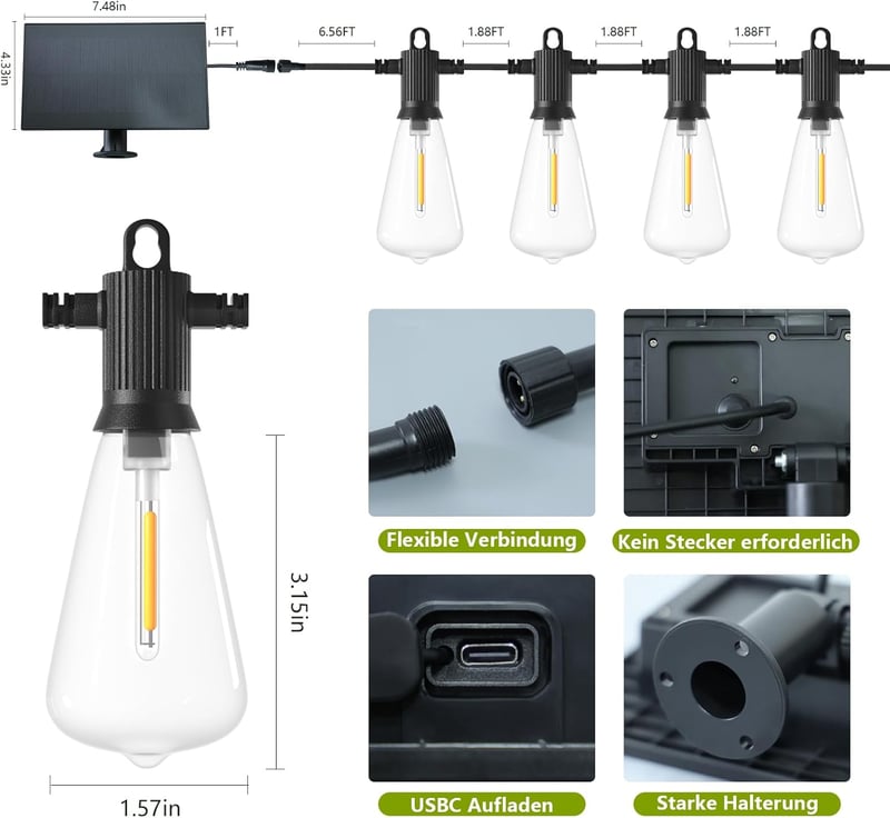 ZOTOYI Napelemes Fényfüzér 15m - IP65 Vízálló Kerti Világítás 24+2 LED Izzóval, Automata Fényérzékelővel, 4 Világítási Móddal Kerthez, Teras