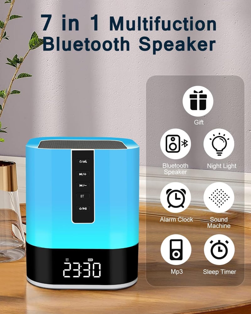 WamGra Bluetooth hangszórós éjjeli lámpa gyermek ébresztőórával, fehér zaj készülékkel, érintéses fényerőszabályzással, 48 RGB LED, fehér