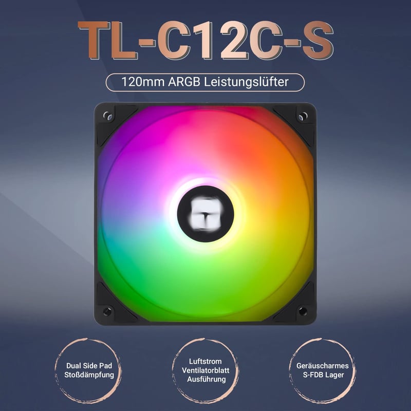 Thermalright 120mm ARGB CPU hűtő ventilátor, csendes PWM, 1550RPM