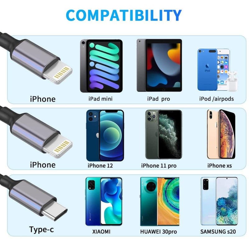 Nylon 3in1 USB kábel iPhone Lightning és Type-C - 1m, többfunkciós töltő