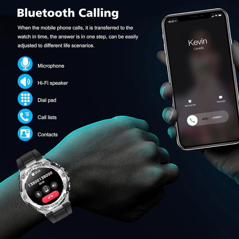 Férfi okosóra telefonos funkcióval, 1,5" HD kijelző, 15 napos akku, 123 sportmód, IP68 vízálló, taktikai sportóra iOS/Android-hoz
