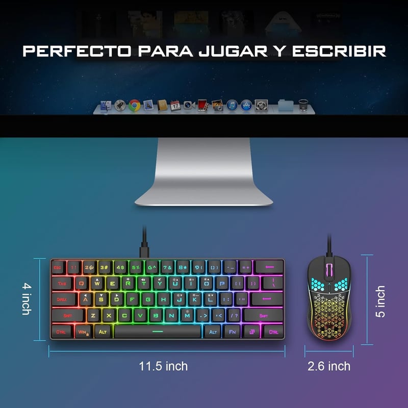 RedThunder K62 Mechanikus Gamer Billentyűzet és Egér Szett, 60% Kompakt RGB Háttérvilágítás, 7200 DPI Precíziós Egér, 62 Anti-Ghosting Gomb,