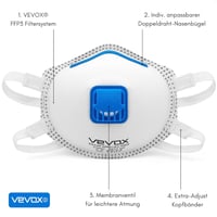 VEVOX FFP3 Légzésvédő Maszk Szeleppel - 10 Darabos Csomag - Pormaszk Finompor Ellen - Állítható Orrkampó - Munkavédelmi Respirátor 3