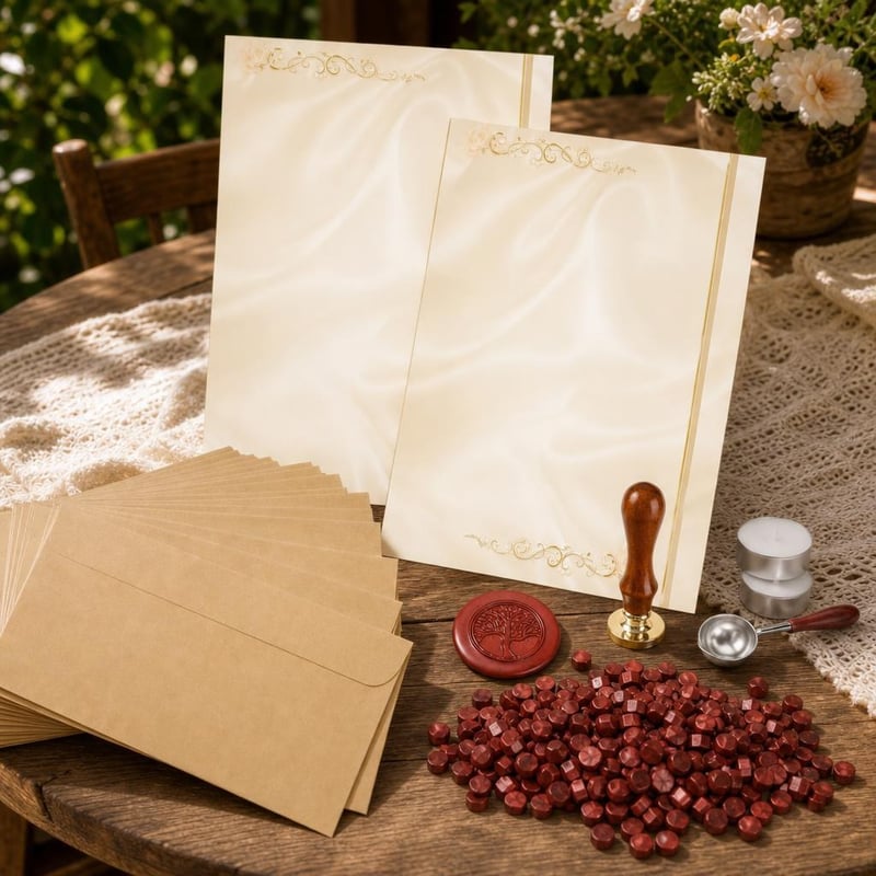Set za vjenčanja: 50x A4 papir krem boje + pečat stablo života s 200 voskova + 100x kraft omotnica