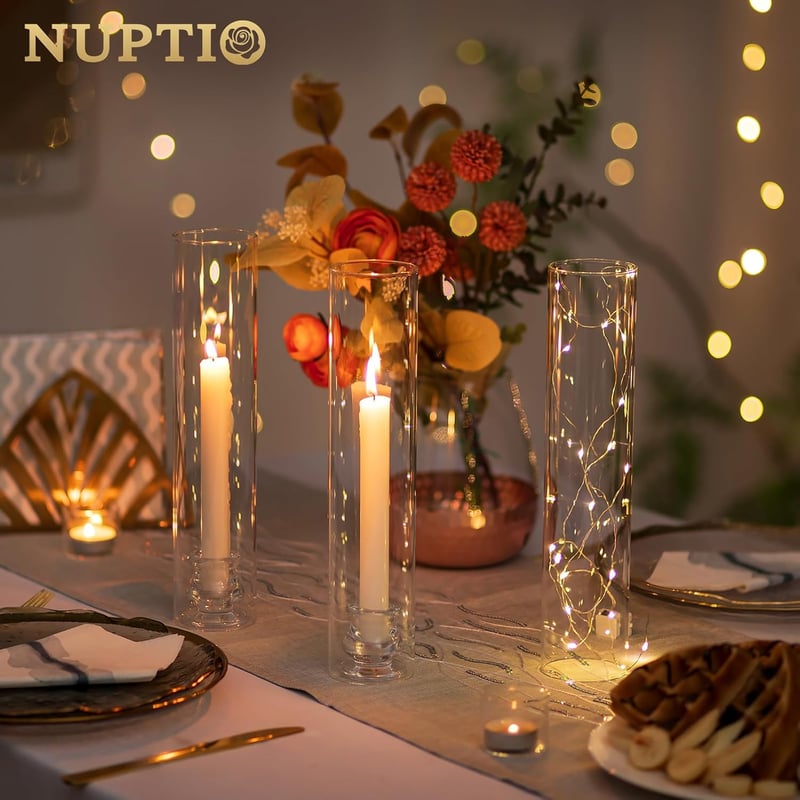 NUPTIO Üveg Gyertyatartó Szett - 10 db Átlátszó Hengeres Gyertyatartó 30 cm Magas Búrával Esküvői Dekorációhoz, Asztalközéphez, Beltéri és K