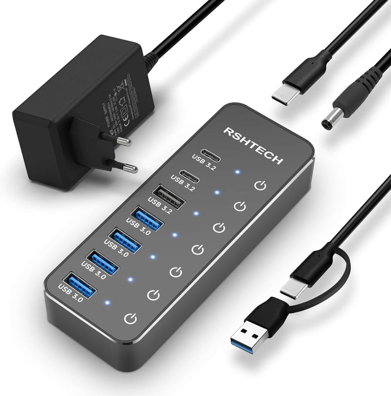 RSHTECH USB C 3.2 Hub 7 Portos Aktív Tápegységgel, 10 Gbps Adatátvitel, 3x Type-C + 4x USB 3.0 Port, Érintős Kapcsoló, 100cm Kábel