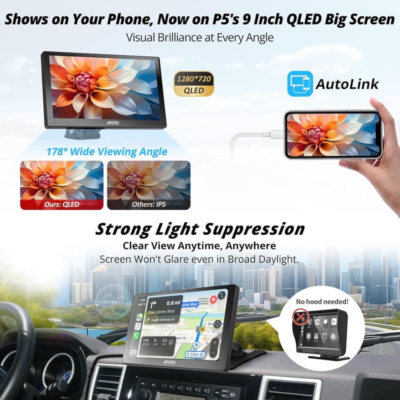 ATOTO P5 9" Hordozható Autós Rádió QLED Érintőképernyővel - Vezeték Nélküli CarPlay és Android Auto, Bluetooth, 1080P Tolatókamera, Tükrözés