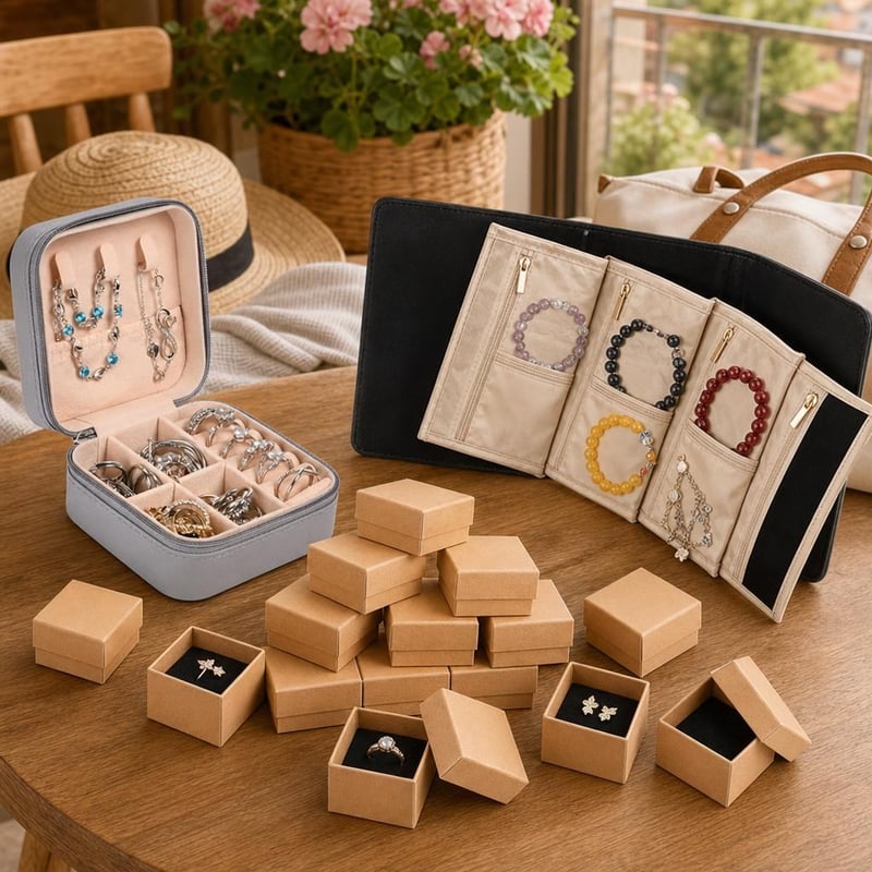 Putni set za nakit: mini kutija + baršunasta torbica + 24 kraft kutijice