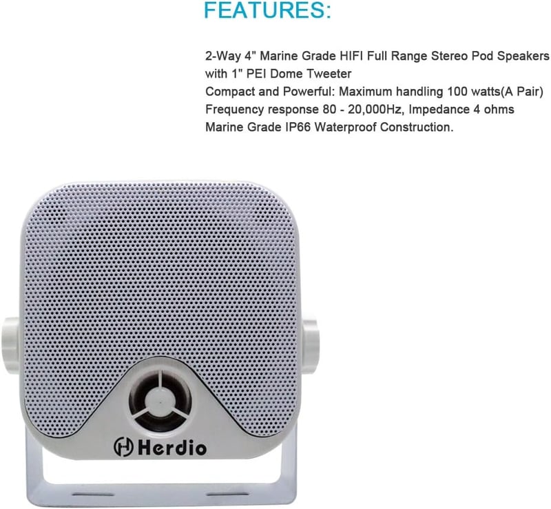 Herdio 100W Vízálló Mini Hangszóró - 10,2 cm Fehér Stereo Hangrendszer ATV, UTV, Motorkerékpár, Traktor és Hajó Használatra

AI: I've create