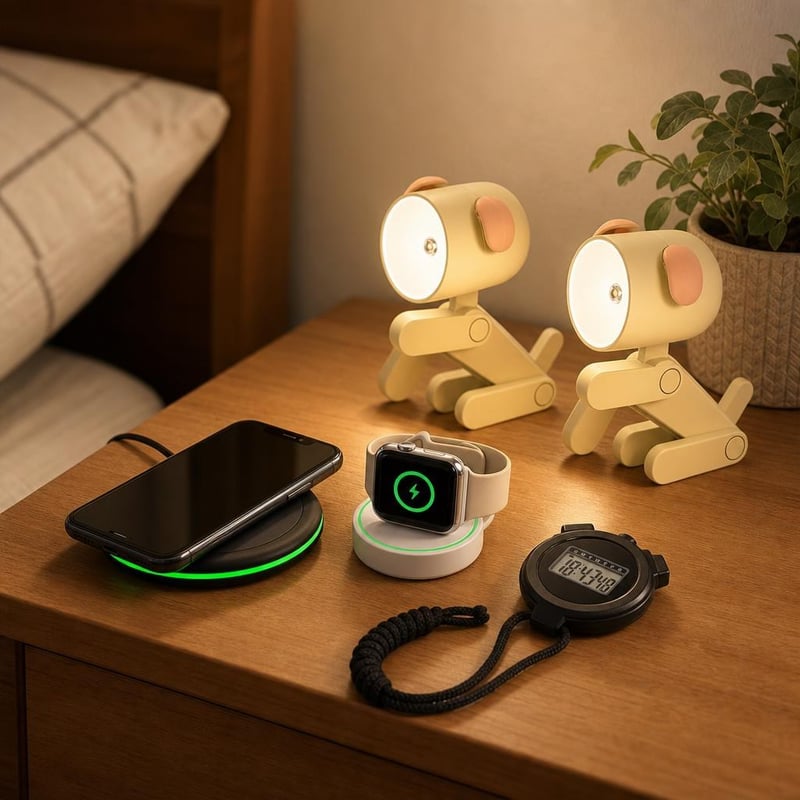 Nočný nabíjací set: nabíjačka + Apple Watch nabíjačka + 2x LED lampa psík + digitálny budík