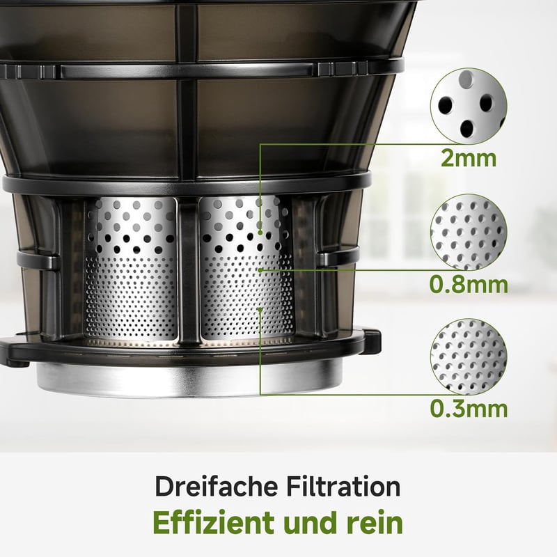 AMZCHEF Automata Gyümölcs- és Zöldségprés 250W - Széles 135mm Adagolónyílás, 1,8L Kapacitás, Hármas Szűrőrendszer, Hidegpréselés, Csendes Mo