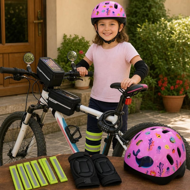 Pachet aventură biciclist: cască + cotieră + geantă cadru + lacăt cifru + suport bidon + 2 oglinzi
