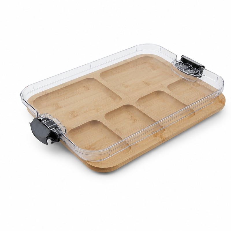 Farberware Build-a-Board bambusz vágódeszka rekeszekkel és átlátszó fedéllel, 28 x 35,5 — sérült műanyag rész (állapot: lásd a 2. képet)
