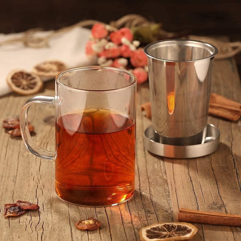 ecooe Nagy Űrtartalmú Ezüst Teáscsésze Szűrővel és Fedéllel, 500ml