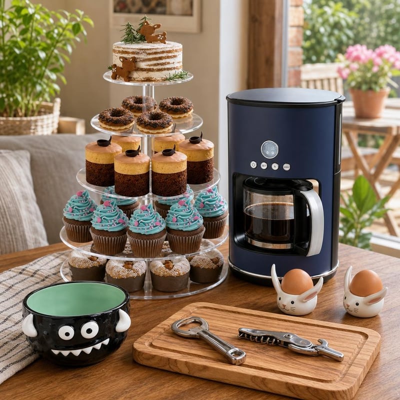 Set za savršen doručak: 1x stalak za torte + aparat za kavu + 2x posuda za jaja + zdjelica + daska + otvarač