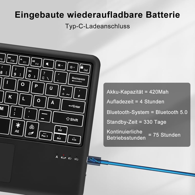 SENGBIRCH Bluetooth Billentyűzet Érintőpaddal - QWERTZ Német Kiosztás, 7 Színű Háttérvilágítás, Vezeték Nélküli, Windows/Android/iOS Kompati