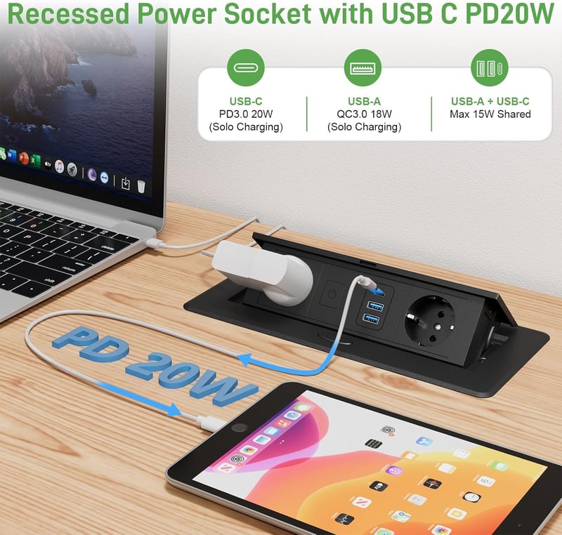 HANNELORE Behúzható Asztali Elosztó USB-C PD20W Gyorstöltéssel - Alumínium Bútorlap Konnektor 2 Aljzattal, 2 USB-A Porttal, Kapcsolóval, 1,8