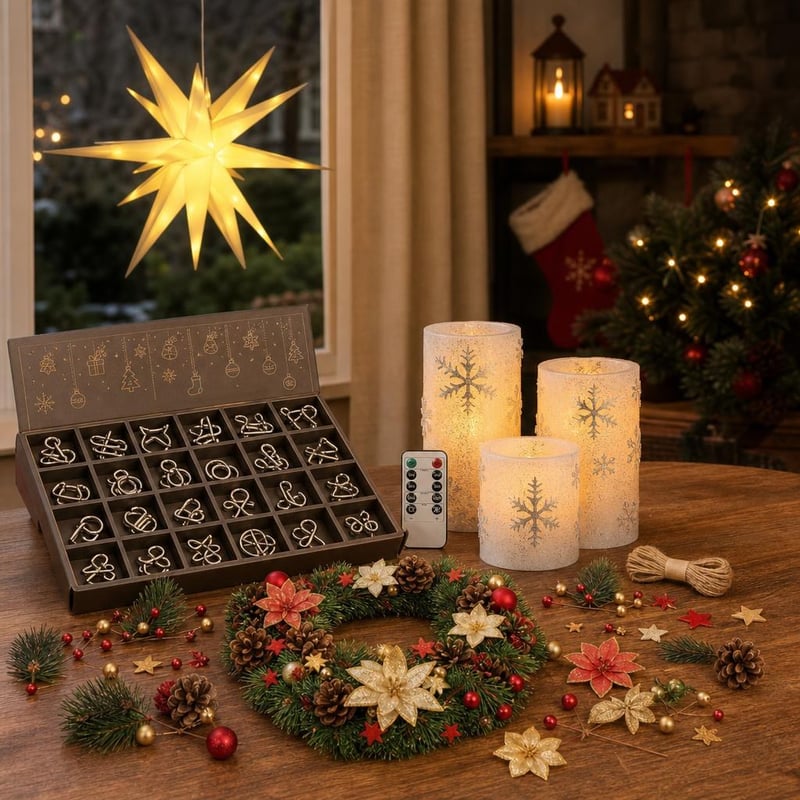 Adventi čarolija: LED zvijezda + 111 ukrasa za vijenac + 3 LED svijeće + adventski kalendar sa slagalicama