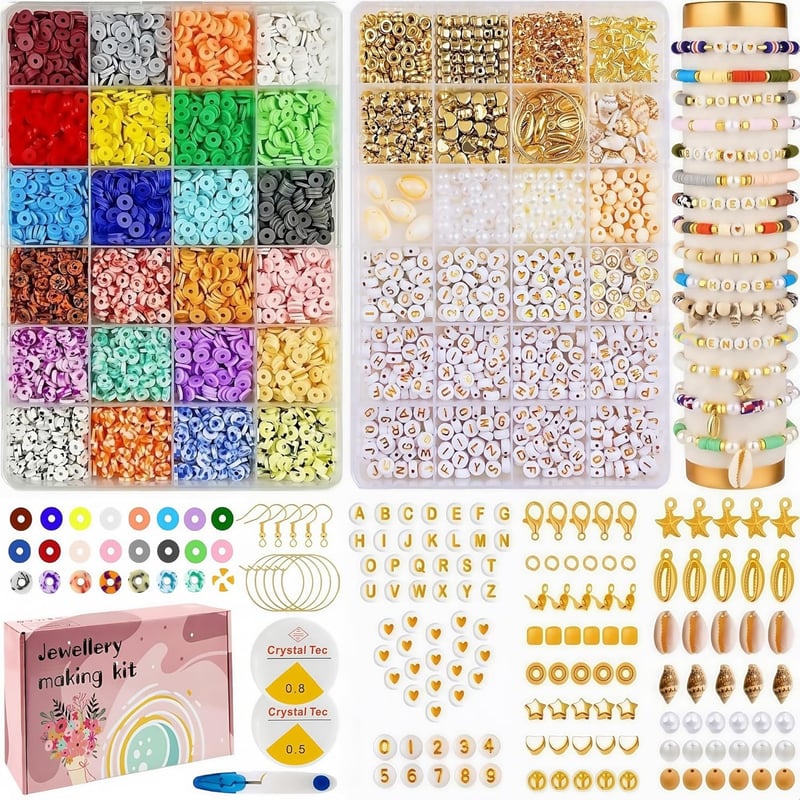 LUOBITO Gyöngyfűző Készlet 6mm Lapos Polymer Agyaggyöngyökkel - 24 Színű Heishi Gyöngy Szett Betűkkel, Számokkal Karkötő Készítéshez Lányokn