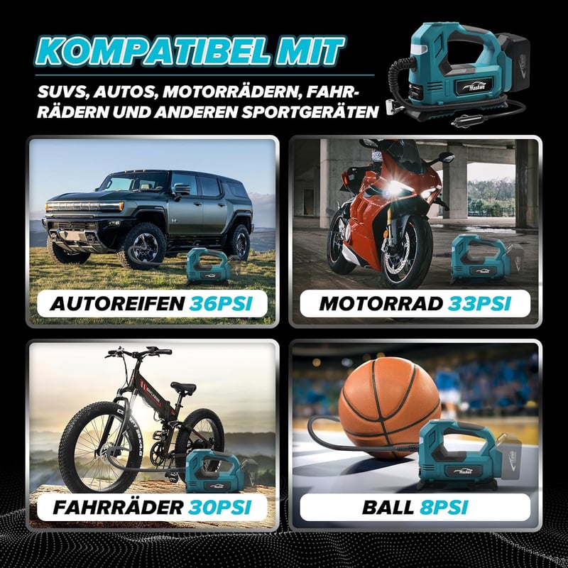 MaxAwe Akkumulátoros Kompresszor Makita 18V kompatibilis - Vezeték Nélküli Pumpa Autókhoz, Motorokhoz, Biciklikhez