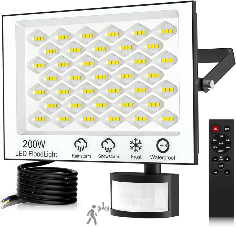Viugreum 200W LED Reflektor Mozgásérzékelővel - 20000lm, 6500K Hideg Fehér, IP66 Vízálló Kültéri Lámpa Kerthez, Udvarhoz, Garázshoz