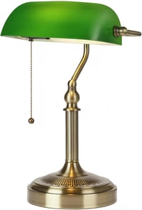 Newrays Zöld Üveg Bankárlámpa Húzókapcsolóval - Asztali Íróasztallámpa E27 Foglalattal Irodába, Dolgozószobába, 39 cm 1