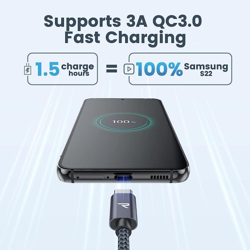RAMPOW 2m Szürke Fonott USB-A/C Gyorstöltő Kábel - Újracsomagolt
