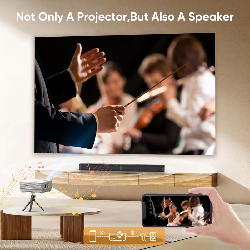 AKATUO Mini Projektor Bluetooth 5.1 - Hordozható Full HD 1080P LCD Házimozi Projektor 200" Képernyővel, Telefonhoz, TV-hez, 10000 Lumen