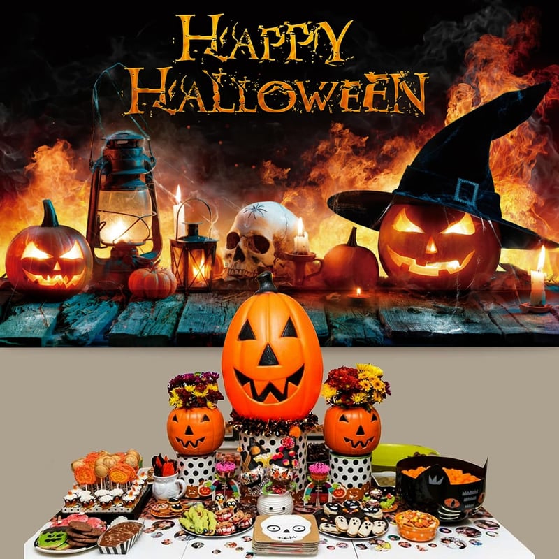 AEESRRU Halloween Dekorációs Molinó - Tök és Szellem Mintás Ajtódísz, Narancssárga-Fekete Háttér, Beltéri-Kültéri Horrordekoráció (180 x 110