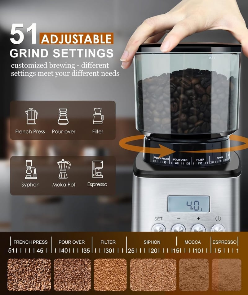 Homtone Elektromos Kávédaráló 51 Őrlési Fokozattal - Portafilterhez és Tárolóhoz, Rozsdamentes Acél, Csepegtetős/Pour Over/Cold Brew/French 