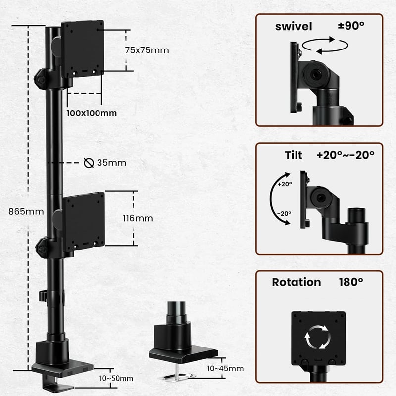 Pro Monitor tartó 2 monitorhoz egymás felett, 24-57 hüvelykes lapos és ívelt képernyőkhöz, 2-27 kg teherbírás karonként, állítható magasság, VES