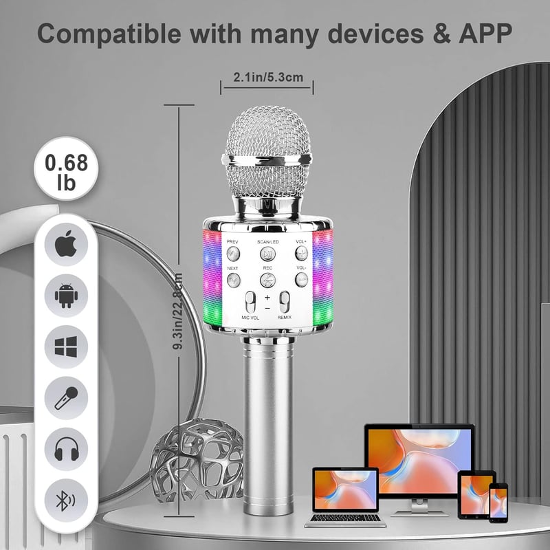 ShinePick Vezeték Nélküli Karaoke Mikrofon LED-del, Bluetooth, Android/iOS Kompatibilis - Ezüst