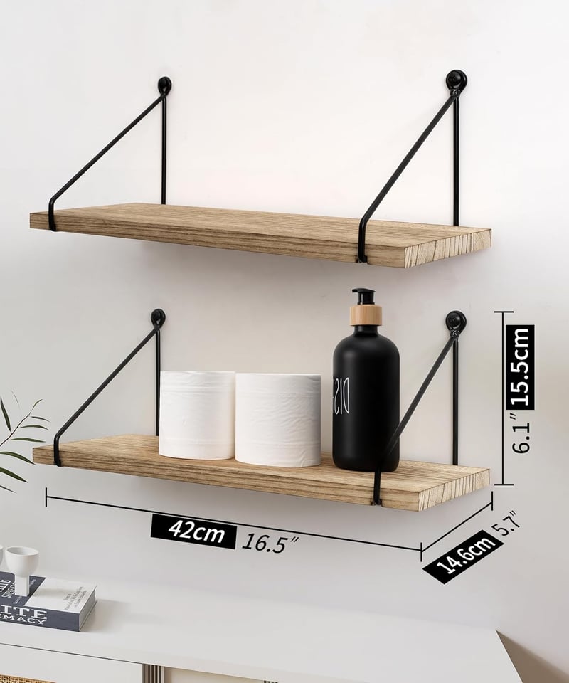 Afuly Rusztikus Fali Polc Szett - Natúr Fa és Fekete Fém Kombinációja - 2 db Könnyű Polc Fürdőszobába, Nappaliba, Konyhába - 40x15,5 cm