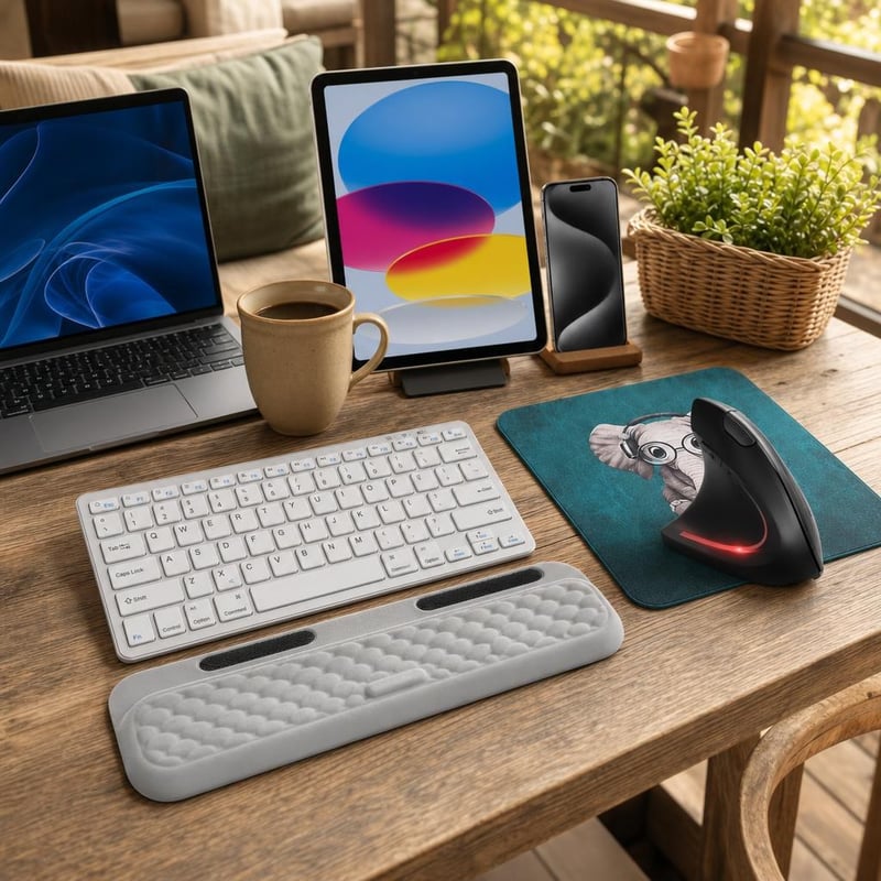 Gépelőzóna kényelempakk: Bluetooth billentyűzet + vertikális egér + egérpad + L csuklótámasz