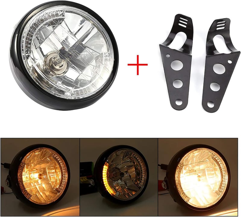 Univerzális 7" sárga LED motorkerékpár fényszóró fekete tartóval, 12V