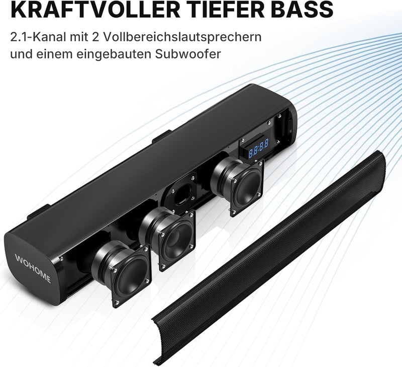 Wohome 16" 2.1 Bluetooth Soundbar TV Hangszóró - 3 EQ Mód, 6 Fokozatú Beszédjavítás, Többféle Csatlakozás TV/PC/Projektor/Telefon Eszközökhö