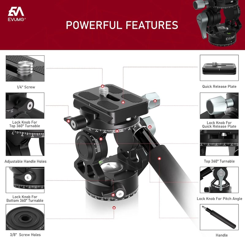 EVUMO Mini Állványfej - Dupla Panoráma 360° Kameraállvány Videófej, 250g Fluid Fej, Arca-Swiss Kompatibilis, DSLR/Kamera/Telefon, 4kg Teherb